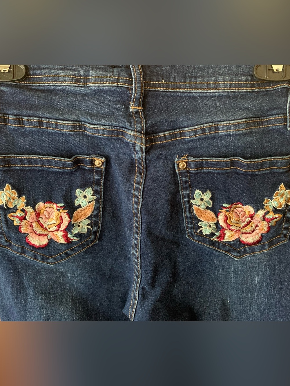 BAMBOO Dark Blue Boot Cut Jeans with Embroidered Floral Back Pockets